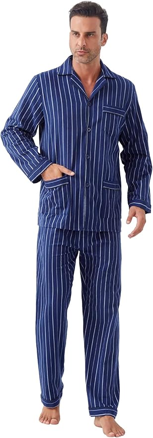 GLOBAL Men's Pajamas Sets 100% Cotton Flannel Sleepwear Long-Sleeve top & Bottom