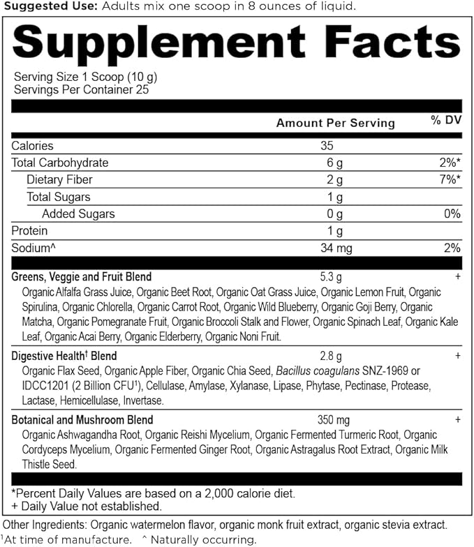 Ancient Nutrition SuperGreens Powder with Probiotics, Organic Watermelon Flavor Greens, Made from Real Fruits, Vegetables and Herbs, for Digestive and Energy Support, 25 Servings, 8.82oz
