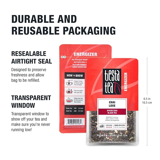 Tiesta Tea - Chai Love, Loose Leaf, Spiced Chai Black Tea, Premium Blend, High Caffeinated Black, Make Hot or Iced Brews Up to 25 Cups, 1.9 Ounce Resealable Pouch