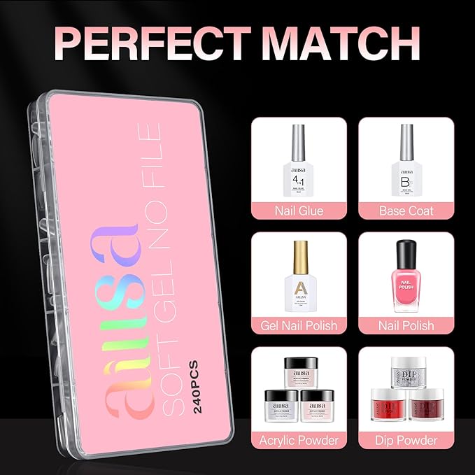 AILLSA Medium Coffin Nail Tips - Pre-shaped False Nail Tips Full Cover Matte Thickened Nails Tips, Fake Nails 240pcs 15 Sizes for DIY