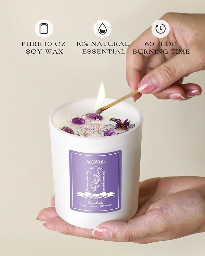 AOOVOO Rose/Vanilla/Eucalyptus/Lavender Scented Candles for Women - Aromatherapy Candle with Crystals Inside, 40oz Soy Candles for Home Scented, Birthday Gifts Mothers Day Candle for Women Mom