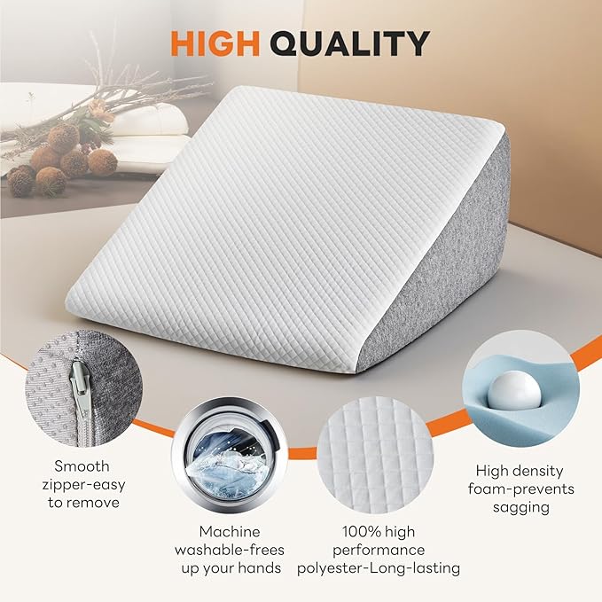 Sweetcrispy Wedge Pillow, Body Pillow for Sleep Apnea, Neck Pain Relief, Post Surgery, Sleeping Comfort, Acid Reflux, Heartburn, Back Pain Relief and Snoring, 12Inch, White& Grey