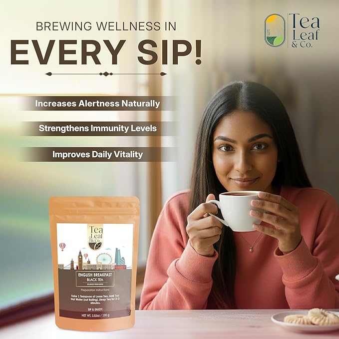 Tealeaf & Co. English Breakfast Black Tea - English Breakfast Tea in Loose Leaf Form - Contains Low Caffeine - Upto 50 Servings - Gluten Free (3.52oz/100gm)
