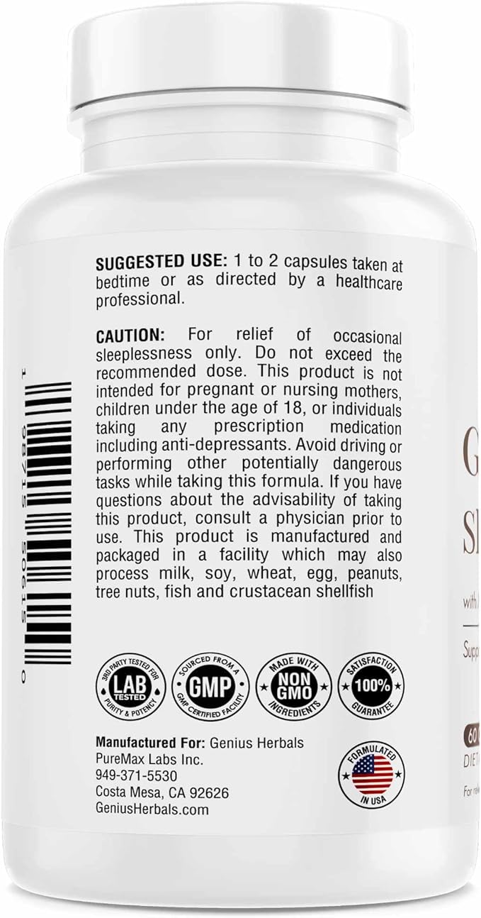 Gentle Calm Sleep Formula with Magnesium, L-Theanine, Melatonin, GABA, 5-Htp | Sleep Aid | Non-GMO - 60 Capsules