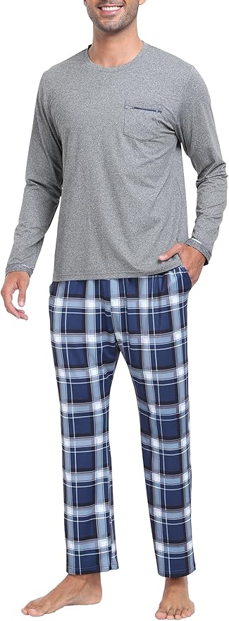 MoFiz Men's Pajamas Plaid Sets Sleepwear Sleep Long Sleeve Shirts and Pants Pajama Set Soft Mens Pjs Lounge Set with Pockets