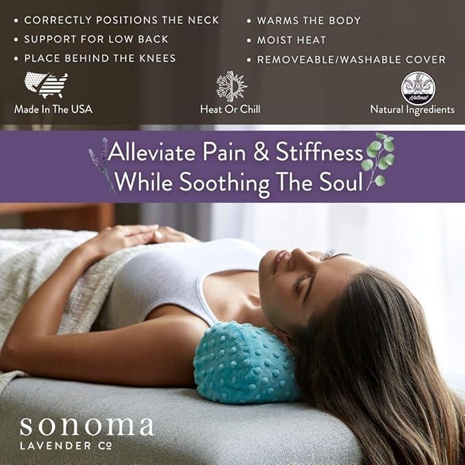 Sonoma Lavender, Lavender Bolster Roll, Microwaveable, Hot/Cold Neck Pillow, Soothing and Relaxing Pain Relief for Neck, Low Back or Behind The Knees, (Angora Platinum)