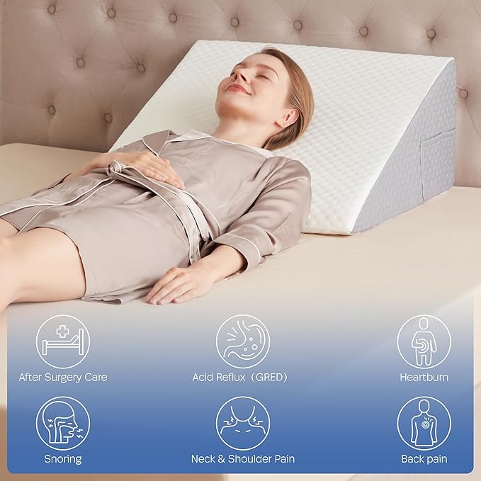 12" Bed Wedge Pillow for Post-Surgery Sleeping & Headboard Support - Acid Reflux, GERD, Heartburn & Snoring Relief - Memory Foam Back Support Pillow for Sitting, Resting, Reading