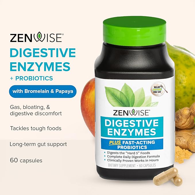 Zenwise Health Digestive Enzymes for Gut Health & Bloating Relief - Multi Enzymes Digestion Supplement with Probiotics, Bromelain & Papaya for Digestive Health Support - Men & Women - 60 Count