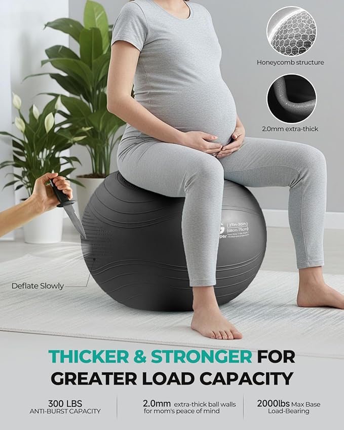 Gruper Yoga Ball, Extra Thick Exercise Ball for Workout Pregnancy Stability - 4 Sizes Anti Burst Balance Ball for Yoga, Pilates, Fitness, Birthing, Physical Therapy - Includes Pump