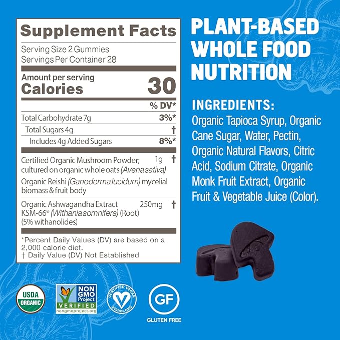 OM MUSHROOM SUPERFOOD Relax Gummies – 28 Servings – Blueberry Reishi & Ashwagandha Gummies for Stress Relief, Relaxation & Mood Support