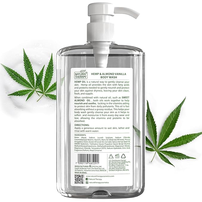 Natural Therapy Body Wash for Women and Men with Hemp & Vanilla Oils - Shower Gel Cleanses and Moisturizing Skin - With Dead Sea Minerals Nourish for Body, Pack of 2 (67.6 fl.oz)