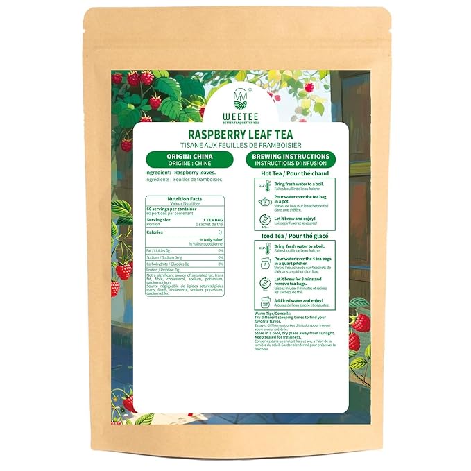 WT WEETEE Red Raspberry Leaf Tea Bags, 60 Count Corn Fibre, Pure Cut & Sifted Raspberry Leaves, No Sugar, No Caffeine, Natural Pregnancy Tea