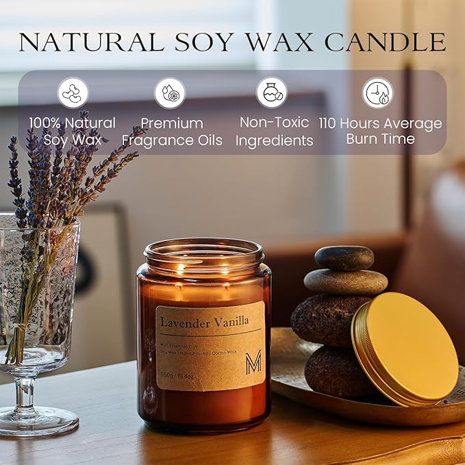 M&SENSE Lavender Vanilla Home Scented Candle | 19.4oz, 115-Hour Burn | Natural Organic Soy Wax | Long-Lasting for Stress Relief and Gifting | for Bedroom,Relaxing SPA,Office