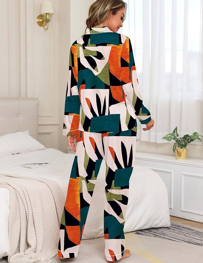 Veseacky Womens Satin Pajama Set Silk Pjs Button Down Long Sleeve Sleepwear Loungewear Sleepwear 2 Piece Pjs Set S-XXL
