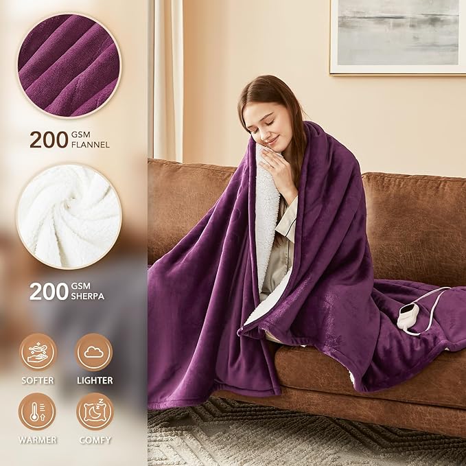 Homemate Electric Heated Blanket Twin Size - 62"x84" Heating Blanket Twin Size 1/2/4/6/8 Hours Auto-Off 10 Heat Level Over-Heat Protection Flannel Sherpa ETL Certification