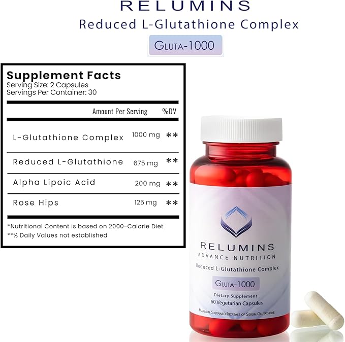 Relumins L Glutathione Supplement Complex - Reduced Glutathione 1000mg with Alpha Lipoic Acid & Rose HIPS Capsules for Nourished & Smoother Skin, Made in USA - 60 Caps