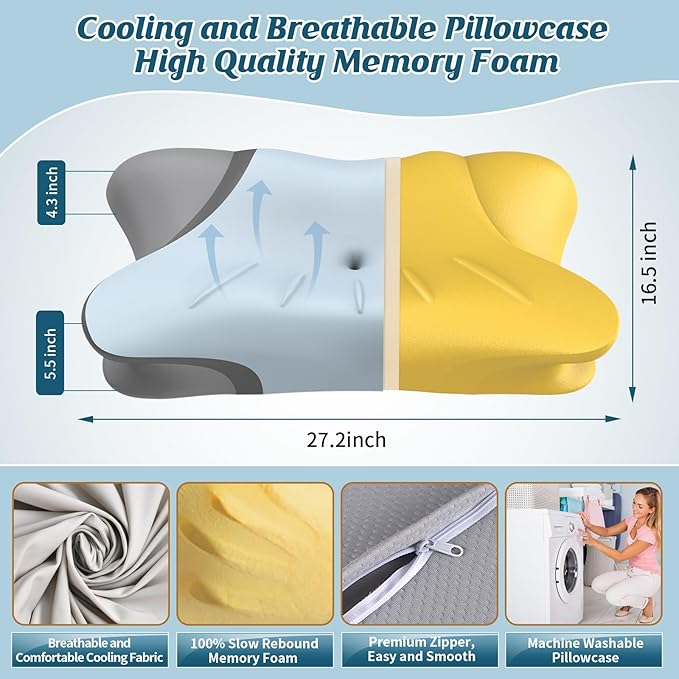 Cervical Neck Pillow - Cooling Pillow for Neck Pain Relief, Ergonomic Side Sleeper Pillow for Sleeping, Contour Memory Foam Pillows for Neck Support, Orthopedic Bed Pillow for Back Stomach Sleepers