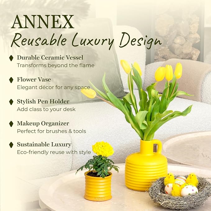 Scented Luxury Candles in Handmade Ceramic Jars, Soy Wax | Flower Bomb โ Lily of The Valley & Jasmine, Large Candle | Non Toxic, 2 Wicks, Reusable Yellow Jar | Natural Spring Aromatherapy for Women