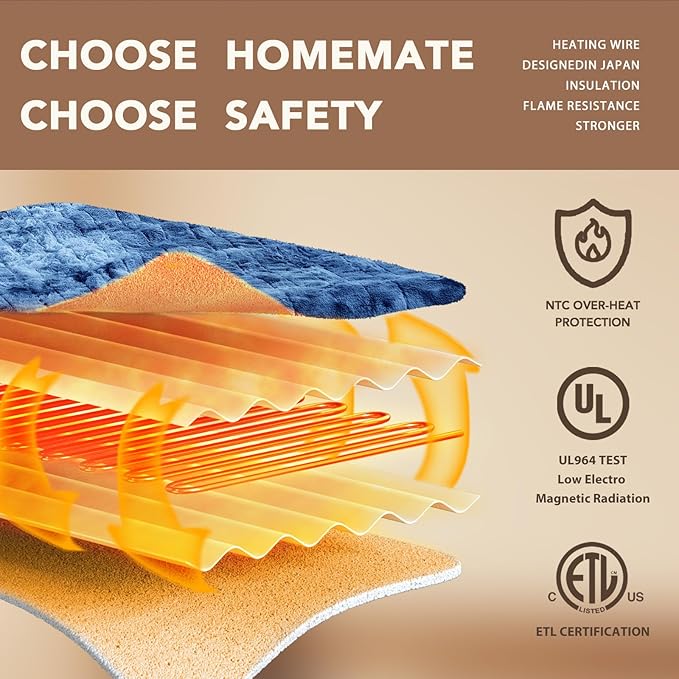 Homemate Electric Heated Blanket Full Size - 72"x84" Heating Blanket Full Size 1/2/4/6/8 Hours Auto-Off 10 Heat Level Over-Heat Protection Luxury Faux Fur Sherpa ETL Certification