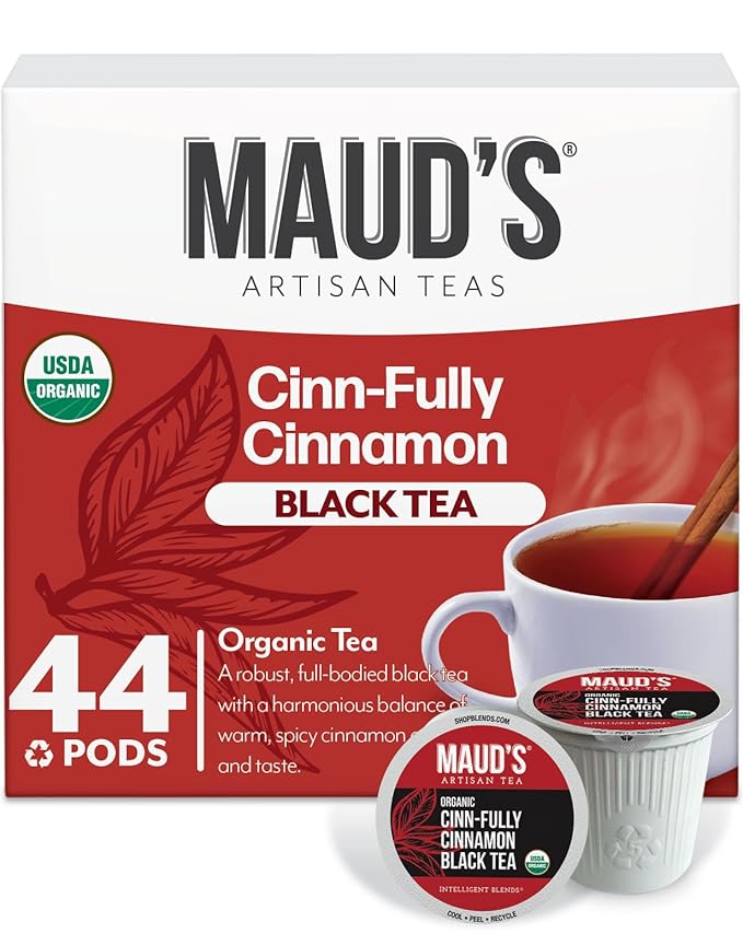 Maud's Organic Cinnamon Black Tea Pods, 44 ct, Recyclable Single Serve Tea Pods – 100% Gourmet Blended Tea Leaves, Compatible with Keurig K Cups Maker