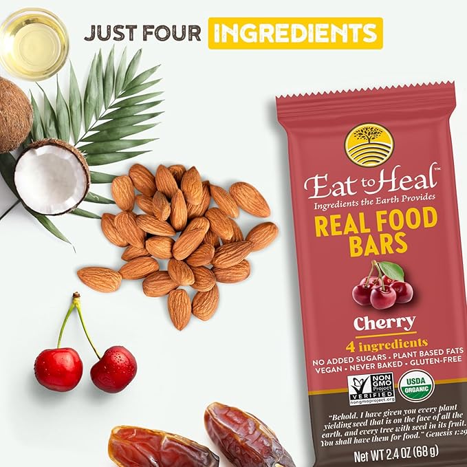 EatToHeal Cherry Real Food Bar - Organic Vegan Healthy Gluten Free Protein Bars - Low Sugar Meal Replacement Bar, Non GMO, Never Baked, Plant Based - Crafted to Enjoy, Not Sit on Shelves