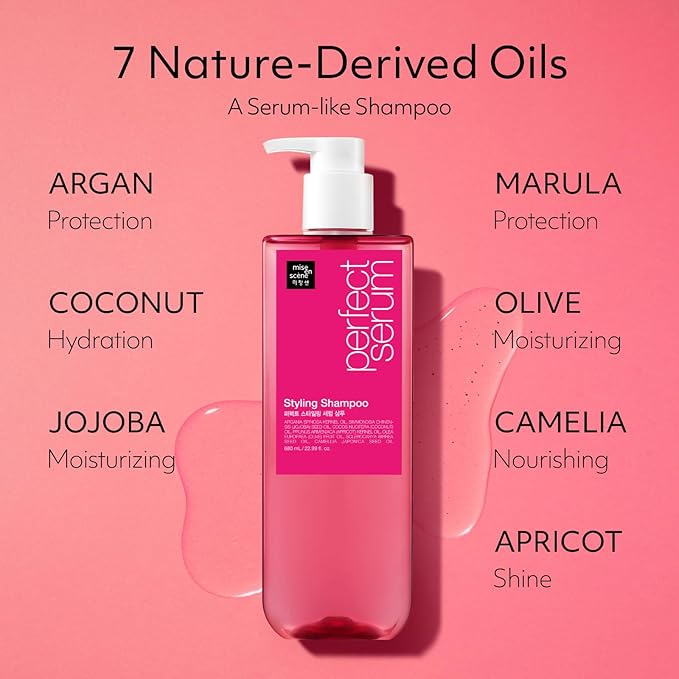 Mise En Scene Hair Perfume Shampoo - Perfect Styling Serum Shampoo - with Peony and Rose Scent, Styling Memory & Heat Protection, Enriched with Argan Oil, Daily Nourishing, 22.99 Fl. Oz.
