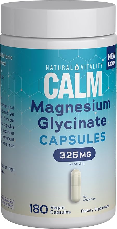 Natural Vitality Calm, Magnesium Glycinate Supports Bone, Muscle, Heart, & Nerve Health, Non-GMO, Vegan, Gluten Free 180ct