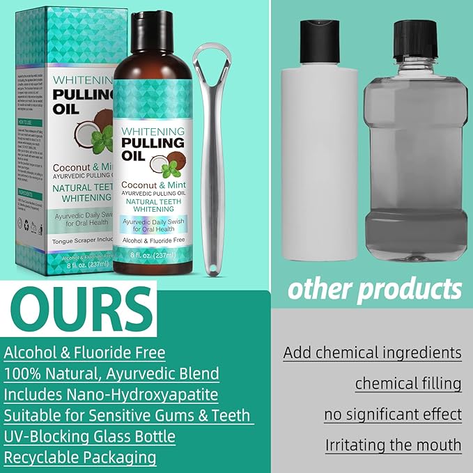 Coconut Oil Pulling for Fresh Breath and Oral Hygiene - Ayurvedic Expert Formulated | Supports Healthy Gums | Natural - Includes Tongue Scraper and Measuring Cup - 8 oz