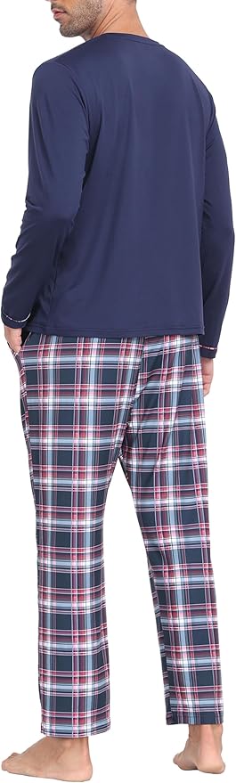 MoFiz Men's Pajamas Plaid Sets Sleepwear Sleep Long Sleeve Shirts and Pants Pajama Set Soft Mens Pjs Lounge Set with Pockets