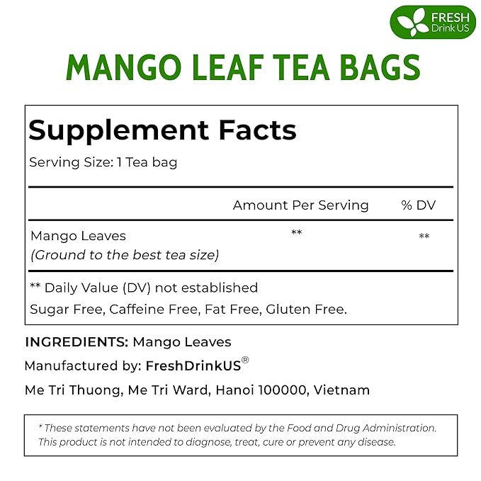 FreshDrinkUS, Premium 100 Mango Leaf Tea Bags, 100% Natural& Pure from Mango Leaves. Loose Leaf Mango Herbal Tea. Mango Leaf Tea. No Sugar, No Caffeine, No Gluten, Vegan.