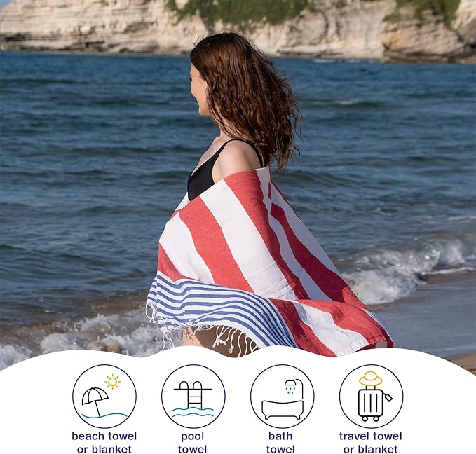 Oversized Turkish Beach Towel 38’’x71’’ - Set of 4 | 100% Turkish Cotton Lightweight Sand Free Quick Dry Pool Towels | Extra Large Bath Towels for Adults Beach Blanket Essentials