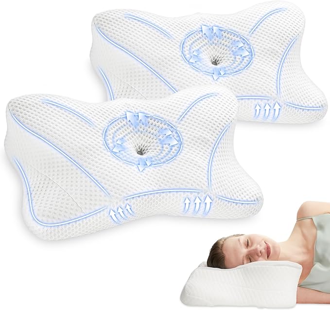 DUMOS Cervical Neck Pillow Set of 2, Memory Foam Contour Pillow with Arm Rest Slot and Soft Breathable Pillowcase, Ergonomic Dual-Height Orthopedic Support for Side, Back, and Stomach Sleepers, White