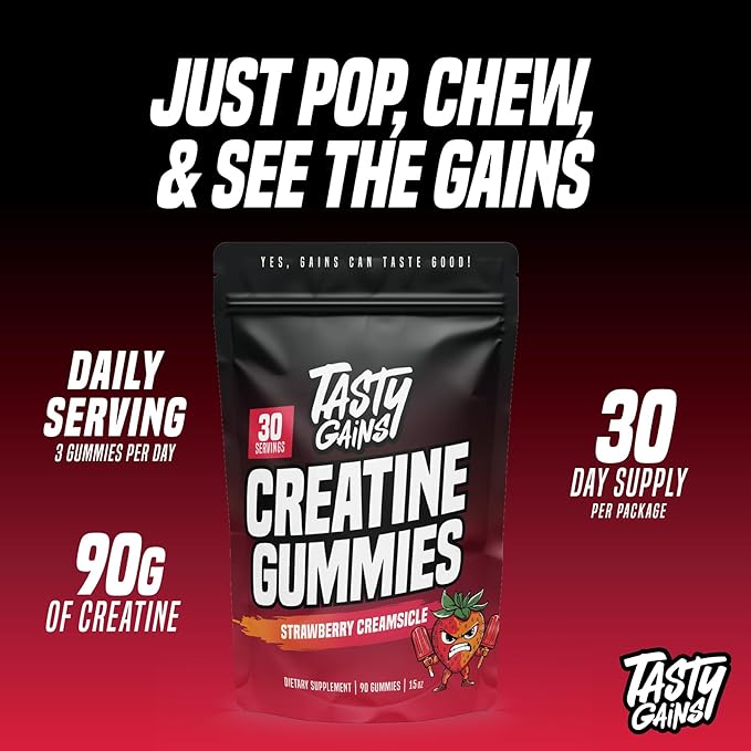 TASTY GAINS Creatine Gummies - 90g of Creatine Monohydrate - Workout Supplements - Build Muscle & Boost Strength for Men & Women - Made in USA - Non GMO - (Large, Strawberry Creamsicle Flavor)