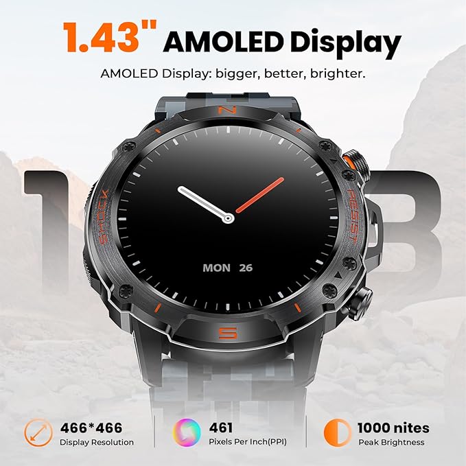 WalkerFit Military Rugged Smart Watch for Men 1.43" AMOLED Smartwatch,Alway-on,3ATM Waterproof for Swim,Accurate HR Sleep Monitor,Bluetooth Call Fitness Watch for iPhone Andriod Compatible,Camouflage