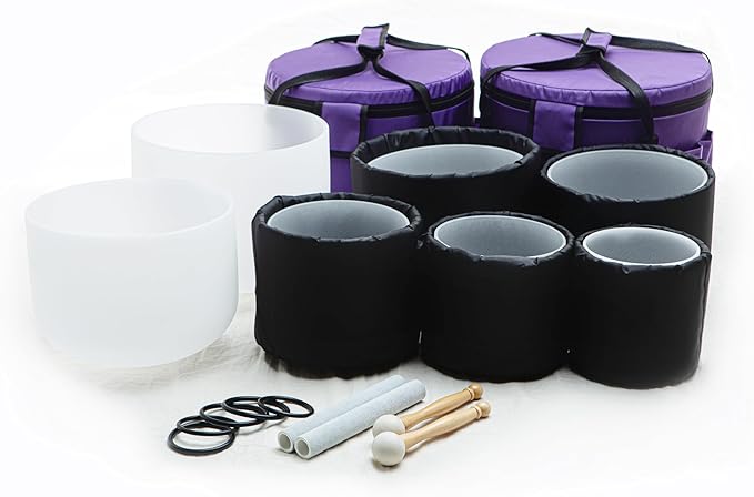 Leize Crystal Singing Bowl with Carrying Case, White, Set of 7 size 6-12" A-G Note 432 hz