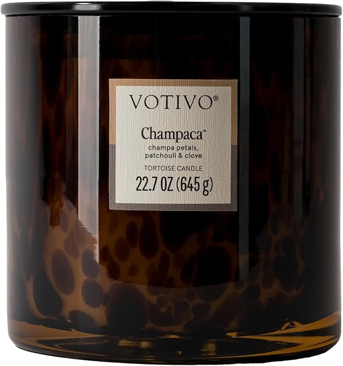 Votivo Champaca Tortoise Scented Candle | 22.7 oz Soy Wax Blend | Patchouli Scent | Decorative Home Decor Tortoiseshell Pattern | 100 Hour Burn Time