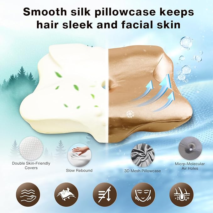 Pain Relief Cooling Pillow for Neck Support Adjustable Cervical Pillow Side Sleeping Memory Foam with Super Soft and Cooling Satin Pillowcase Gold