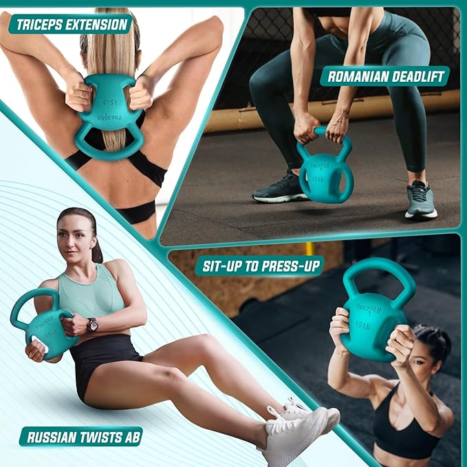 Yes4All Kettlebell, Strength Training Kettlebells for Women, Wide Multi-grip Textured Handle for Home Gym Exercises & Full Body Workout, Single 5–25 lb & Set of 10-15 lb