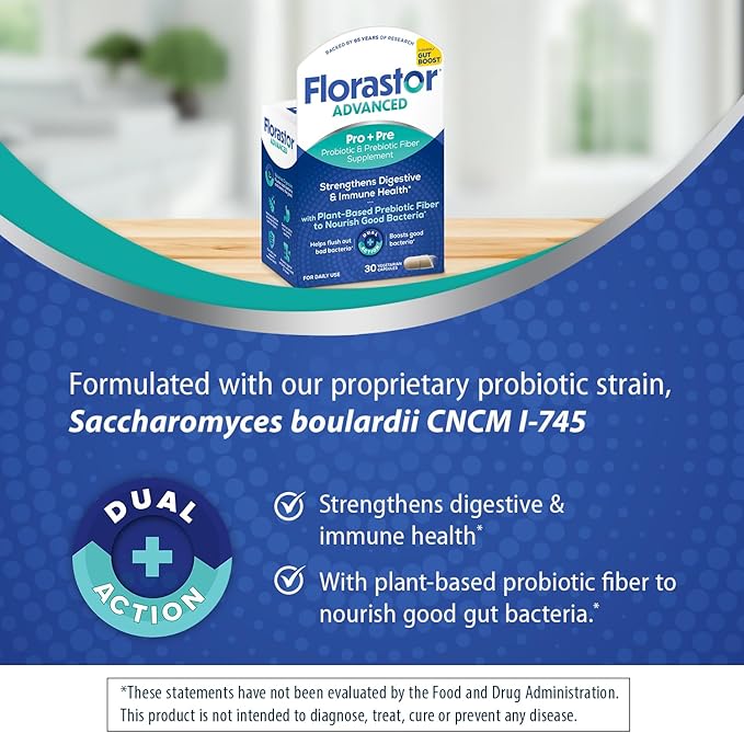 Florastor Select Pro+Pre Daily Probiotic and Prebiotic Supplement for Women and Men, Boosts Good Bacteria, Saccharomyces Boulardii CNCM I-745 (30 Capsules) (Pack of 2)