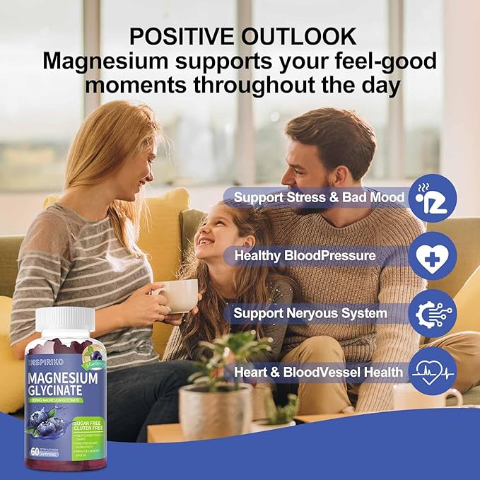 Magnesium Glycinate Gummies 1000mg - Sugar-Free Magnesium Potassium Supplement with Vitamin D, B6, CoQ10 for Adults & Kids,High Absorption for Calm Mood & Sleep Support - 60 Blueberry Gummies