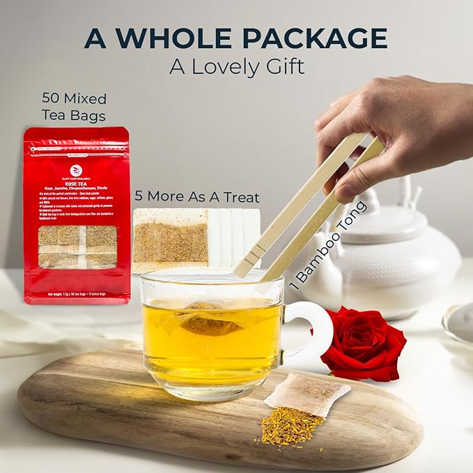 Rose Tea, Re-Steep Chrysanthemum, Jasmine & Stevia Herbal Tea - 55 Count (+5 Tea Bags) Bamboo Tong Included - 4.37 oz, Relax,Support, Up Mood, Appearance Detox