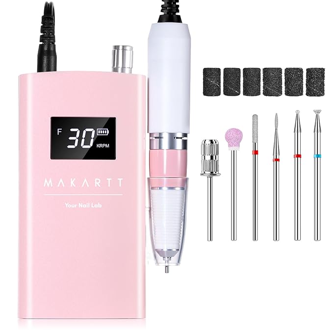 Makartt Electric Nail Drill - 30000RPM Rechargeable E File, Perlarie Pearly Pink Portable Nail Grinder with Drill Bits & Sanding Bands for Manicure Salon Home Use