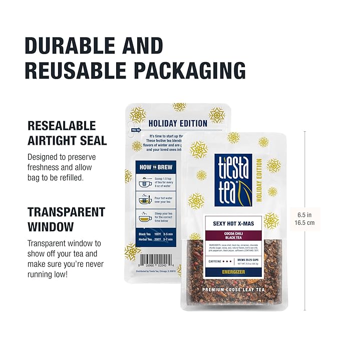 Tiesta Tea - Sexy Hot Christmas Tea, Loose Leaf, Cocoa Chili Black, Premium High Caffeinated Blend, Spicy Black, Make Hot or Iced, Brews Up to 25 Cups, 2 Ounce Resealable Bulk Pouch