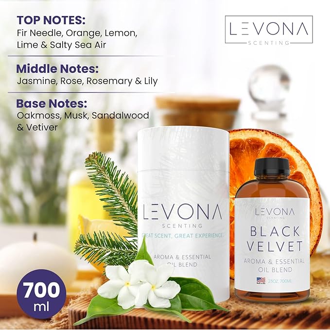 Levona Scent Essential Oil - Fresh Aroma for Home, Office, Hotel & Spa, Perfect in Humidifiers and Diffusers, Luxury Fragrance, with Fir Needle & Salty Sea Air Notes - 700ml/ 23 fl oz, Black Velvette