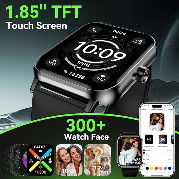Smart Watch for Men Women, 1.85" HD Touchsreen Fitness Tracker, 120+ Sport Modes, 24/7 Heart Rate & Sleep Monitor, Pedometer, Calories, IP68 Waterproof, Fitness Watch for Android iPhone (Black)
