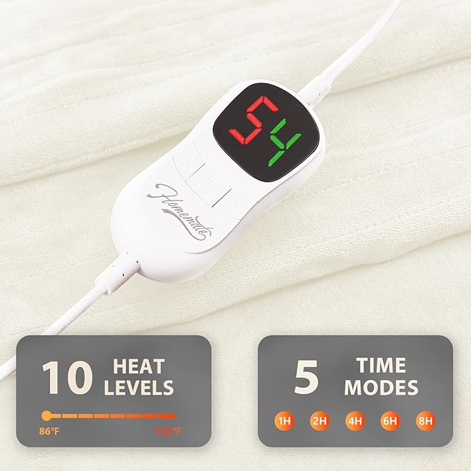 Homemate Electric Heated Blanket Queen Size - 84"x90" Heating Blanket Queen Size Dual Control 1/2/4/6/8 Hours Auto-Off 10 Heat Level Over-Heat Protection Flannel Sherpa ETL Certification
