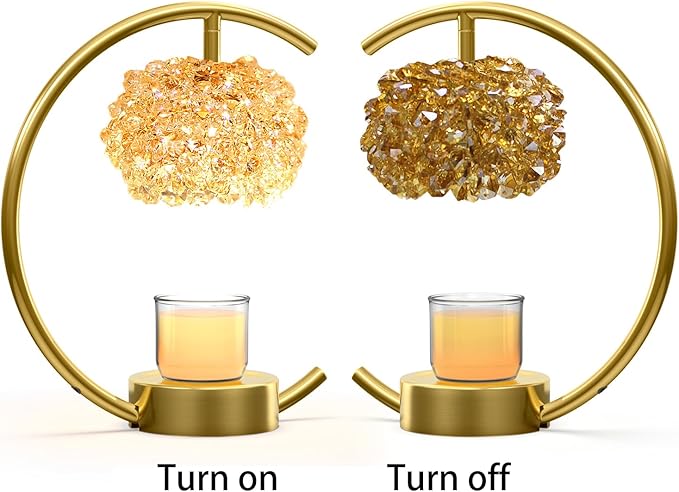 Bronze Candle Warmer Lamp for Jar Candles with Adjustable Brightness&Timer,Handcrafted Crystal&Wooden Base,Candle Lamp Luxurious Design+2Bulbs,Home Decoration Electric Candle lamp(C-Shaped)