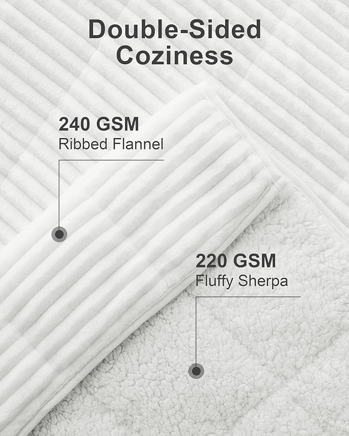 Sherpa Fleece Adult Weighted Blanket with Ribbed Stripes, 15 Pounds Dual Sided Soft Plush Blanket for Couch Bed Sofa, Heavy Thick Blankets with Ceramic Beads Great for Sleep, White, 48" x 72"