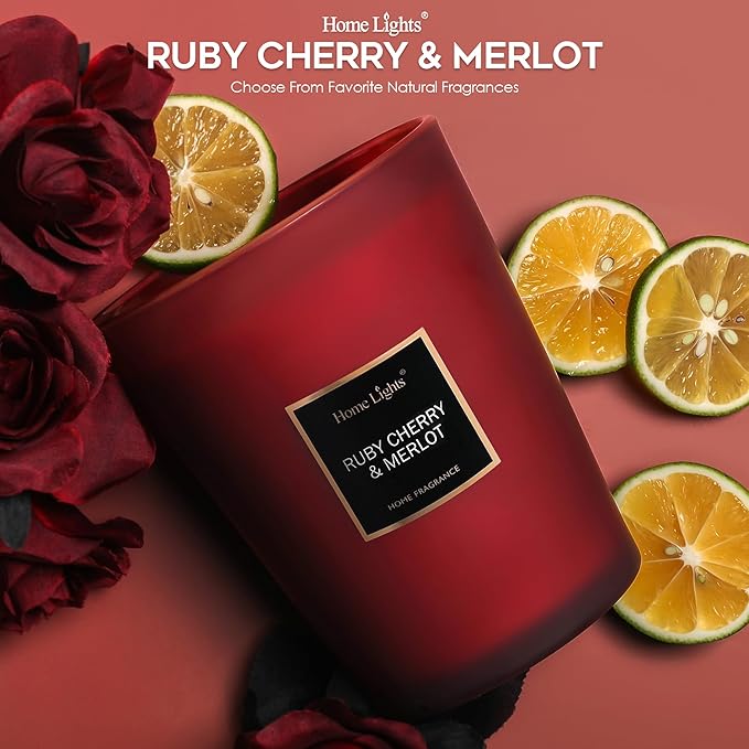 HomeLights Scented Candles - Large Jar Aromatherapy, Natural Soy Wax, 130 Hour Long Burning, Ruby Cherry & Merlot