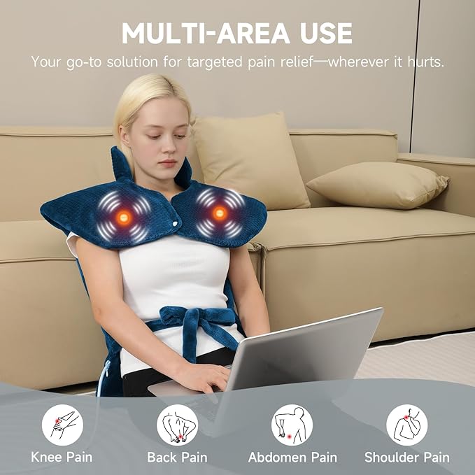 Heating pad for Neck - Wearable Electric Heating Pads for Back, Shoulder and Waist, Large Heat Pad with 4 Massage Modes & 2 Heat Levels for Women, Men, Mom, 24"x35", 2 Motor, Teal